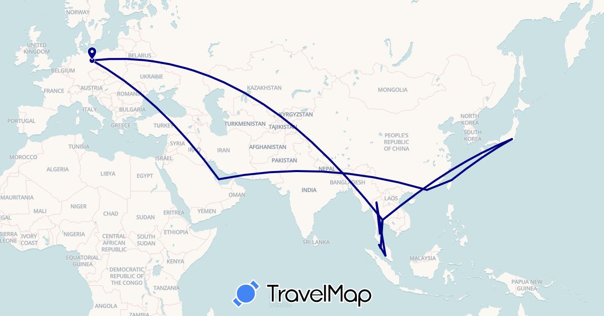 TravelMap itinerary: driving in China, Germany, Japan, Malaysia, Qatar, Thailand, Taiwan (Asia, Europe)